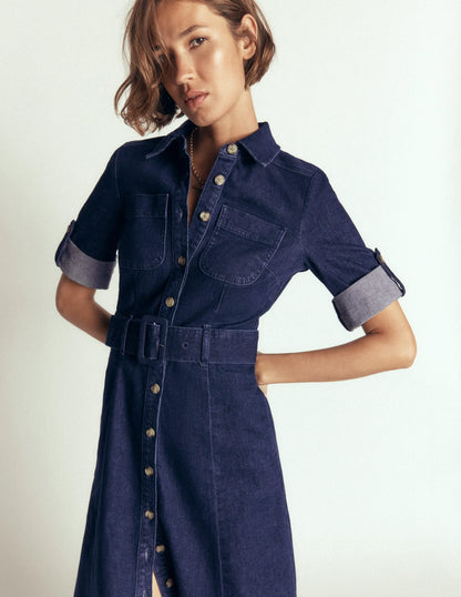 Denim Midi Shirt Dress-Indigo