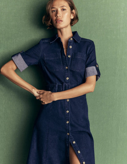 Denim Midi Shirt Dress-Indigo