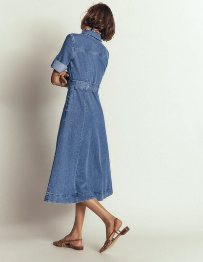 Denim Midi Shirt Dress-Light Vintage