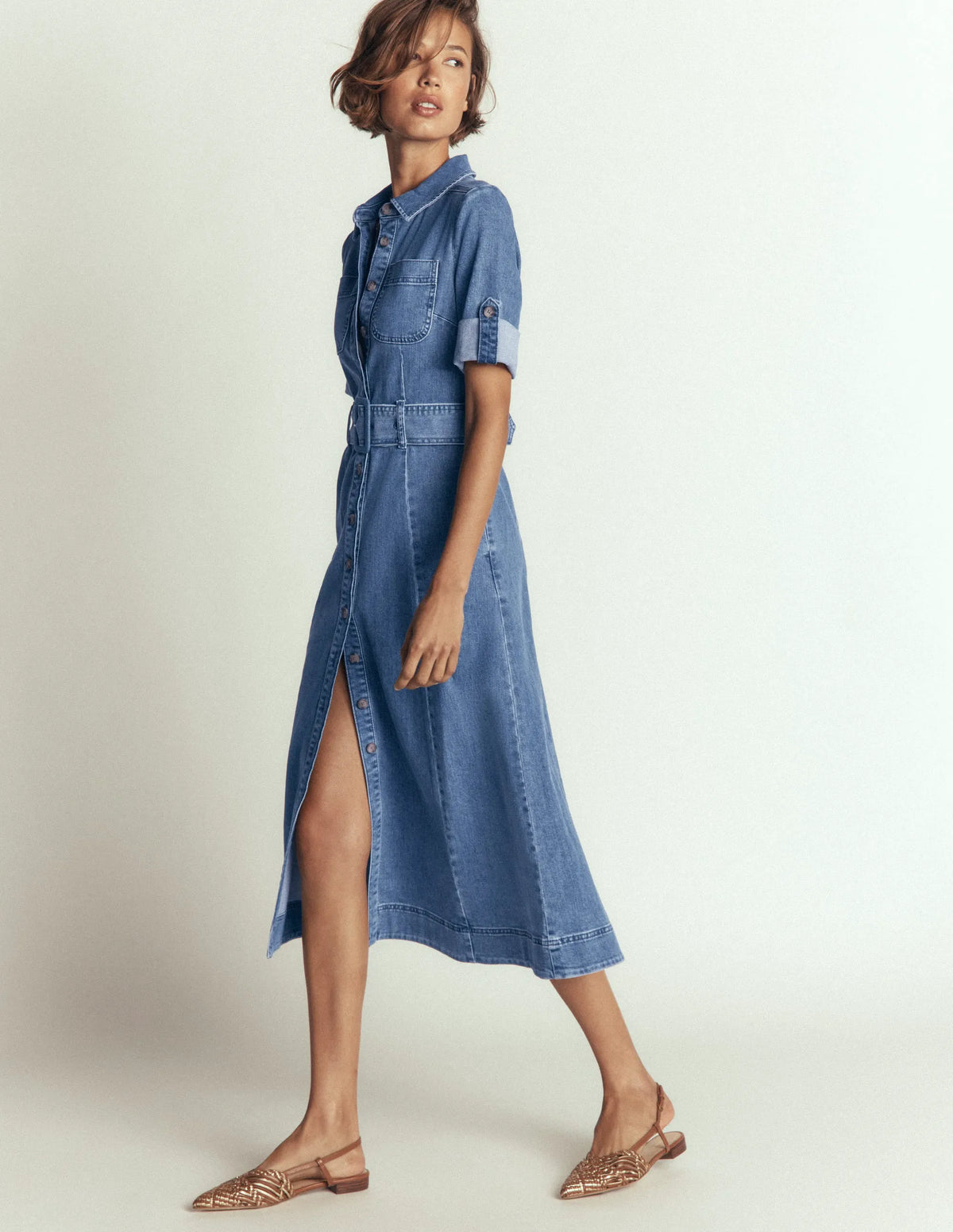 Denim Midi Shirt Dress-Light Vintage