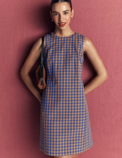 Lou Check Shift Dress-Camel, Blue Gingham