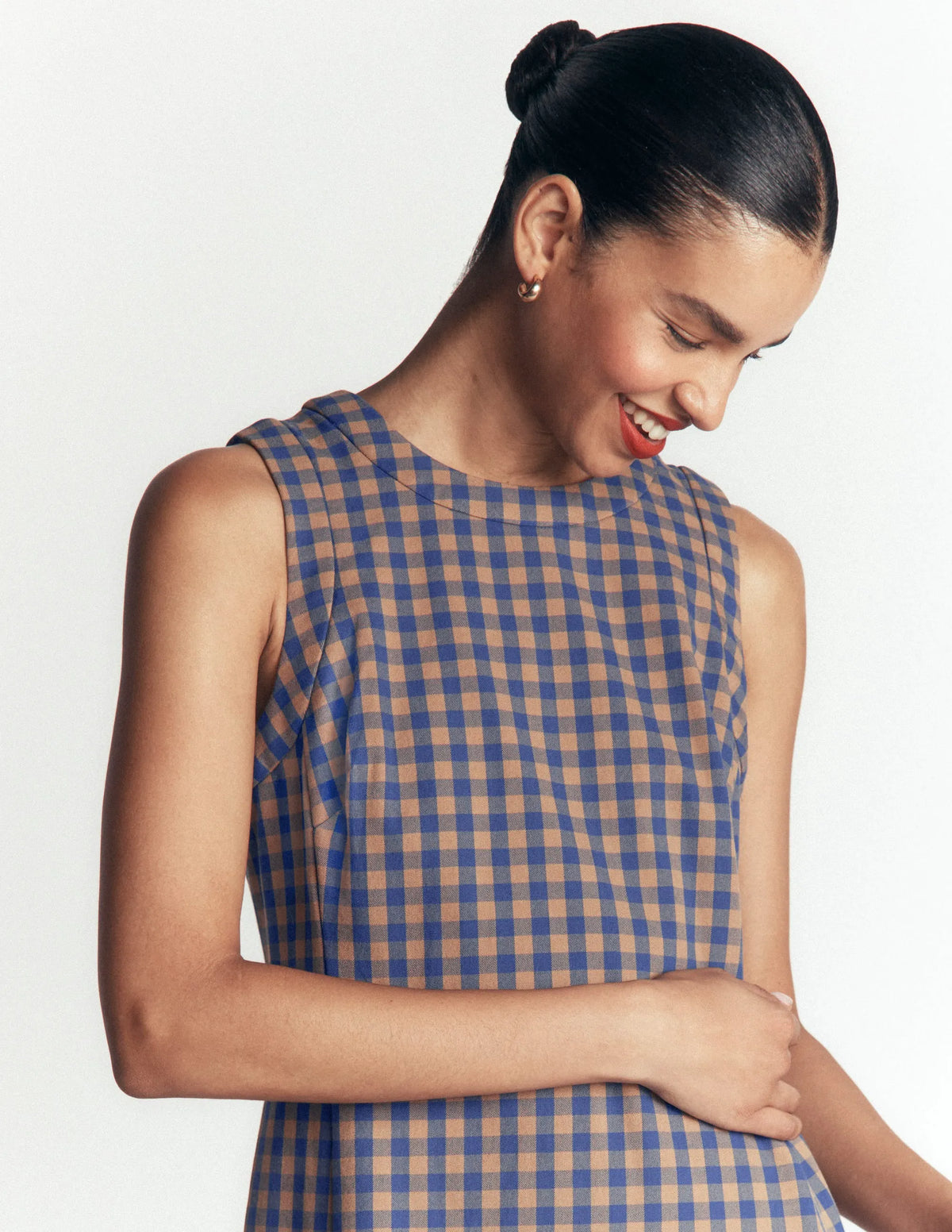Lou Check Shift Dress-Camel, Blue Gingham