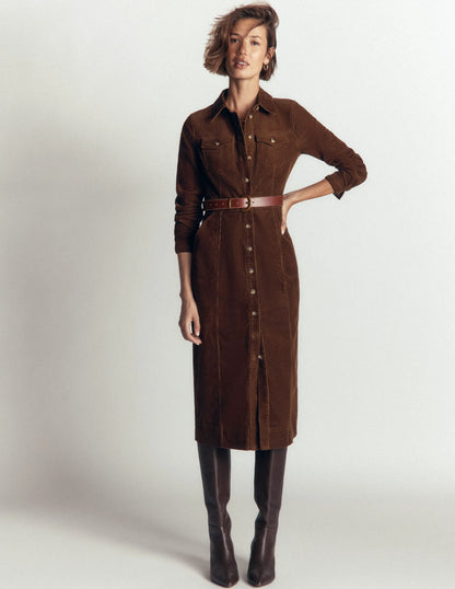 Fleur Cord Midi Dress-Raw Umber
