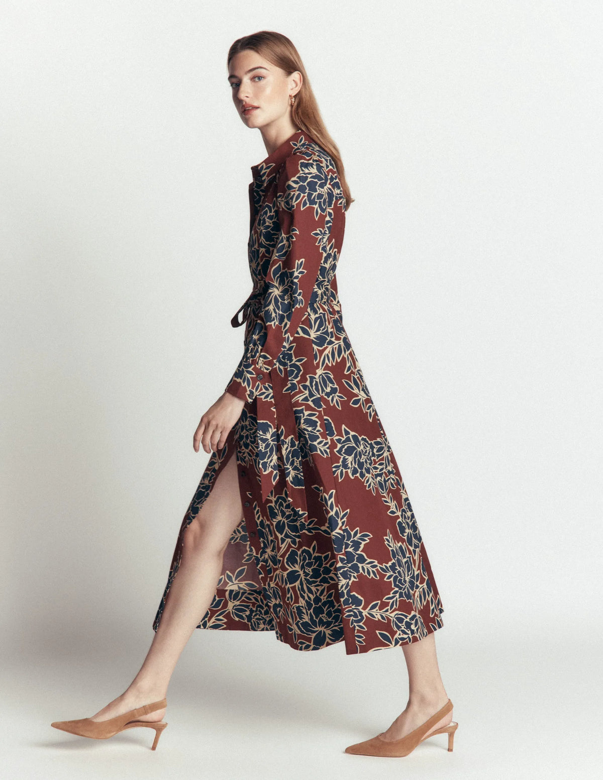 Maeve Cotton Midi Shirt Dress-Brown, Enchanted Peony Large