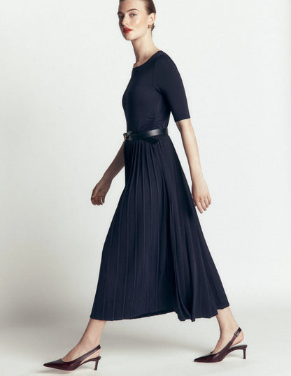 Pleated Jersey Midi Dress-Navy