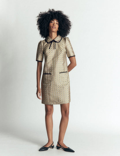 Bow Detail Pocket Shift Dress-Gold Jacquard