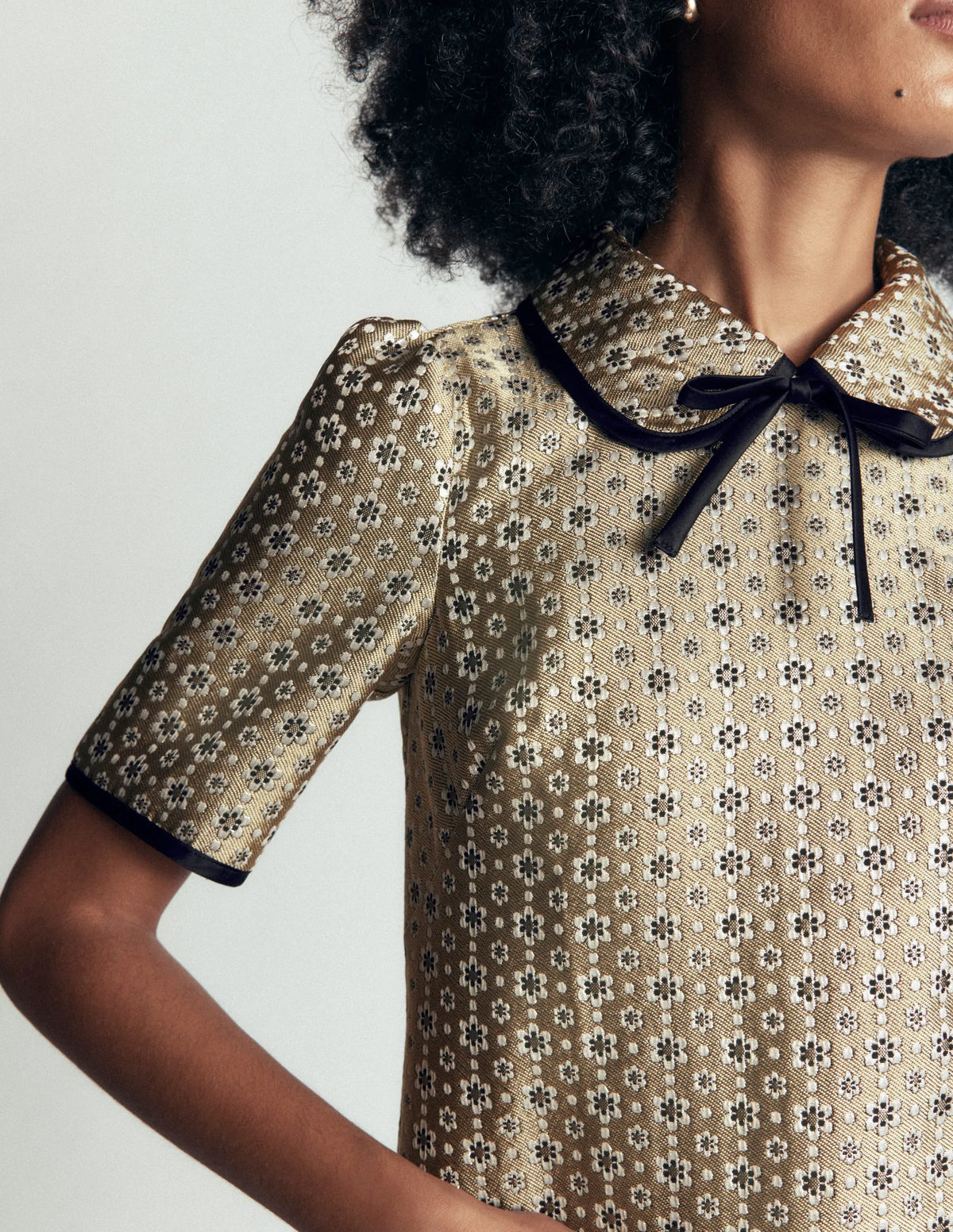 Bow Detail Pocket Shift Dress-Gold Jacquard