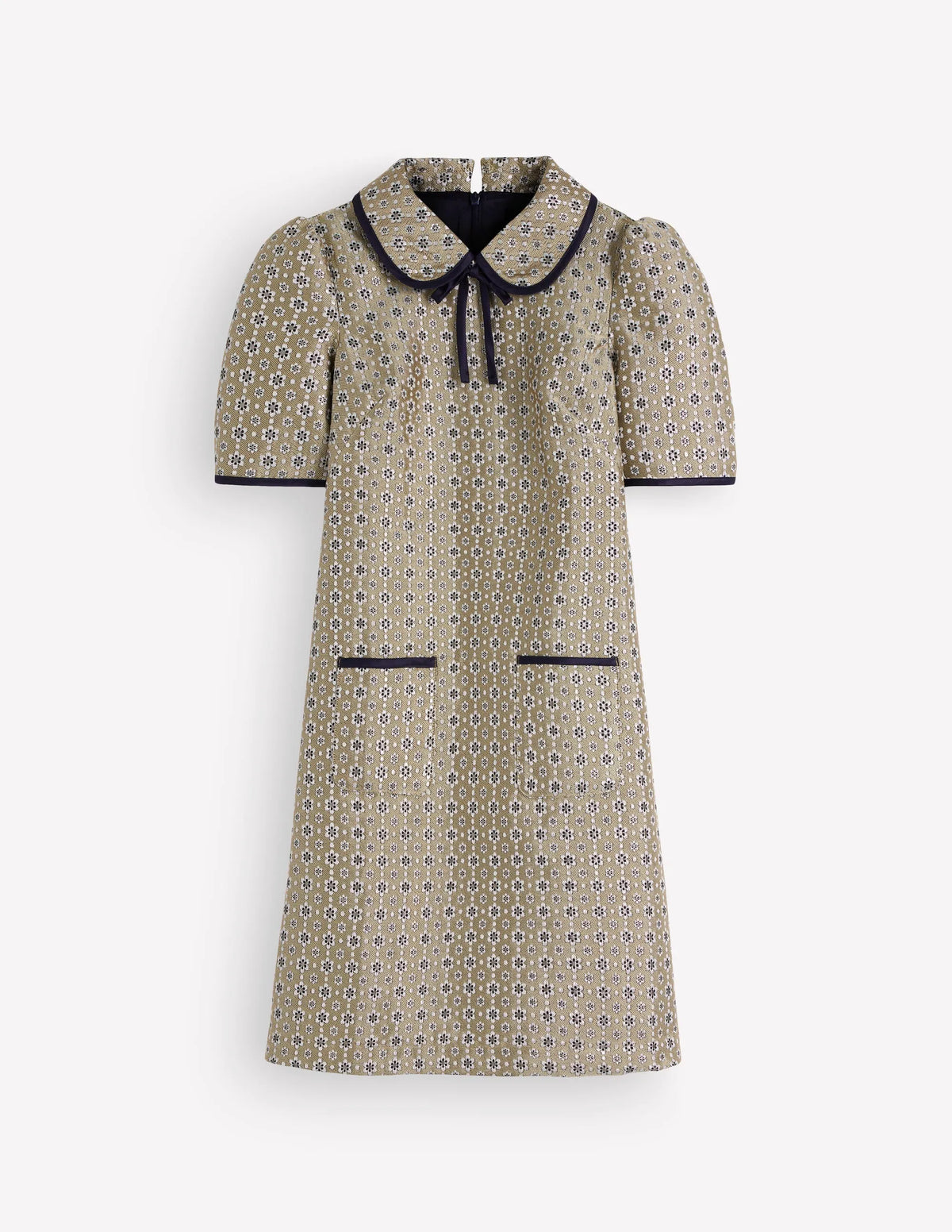 Bow Detail Pocket Shift Dress-Gold Jacquard