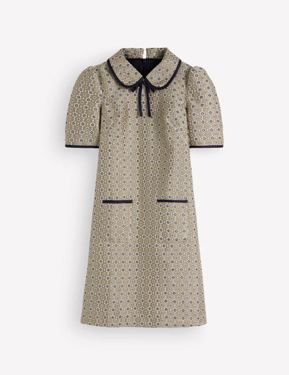 Bow Detail Pocket Shift Dress-Gold Jacquard