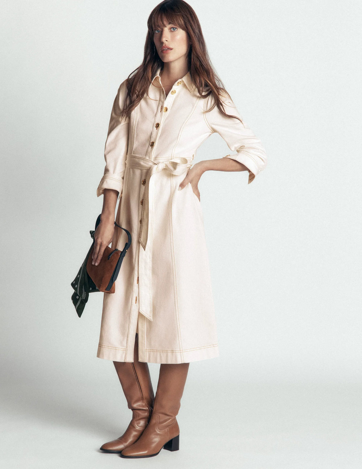 Belted Denim Midi Dress-Ecru Denim