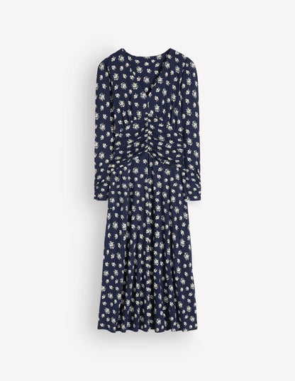 Mya Ruched Jersey Midi Dress-French Navy, Delicate Garden