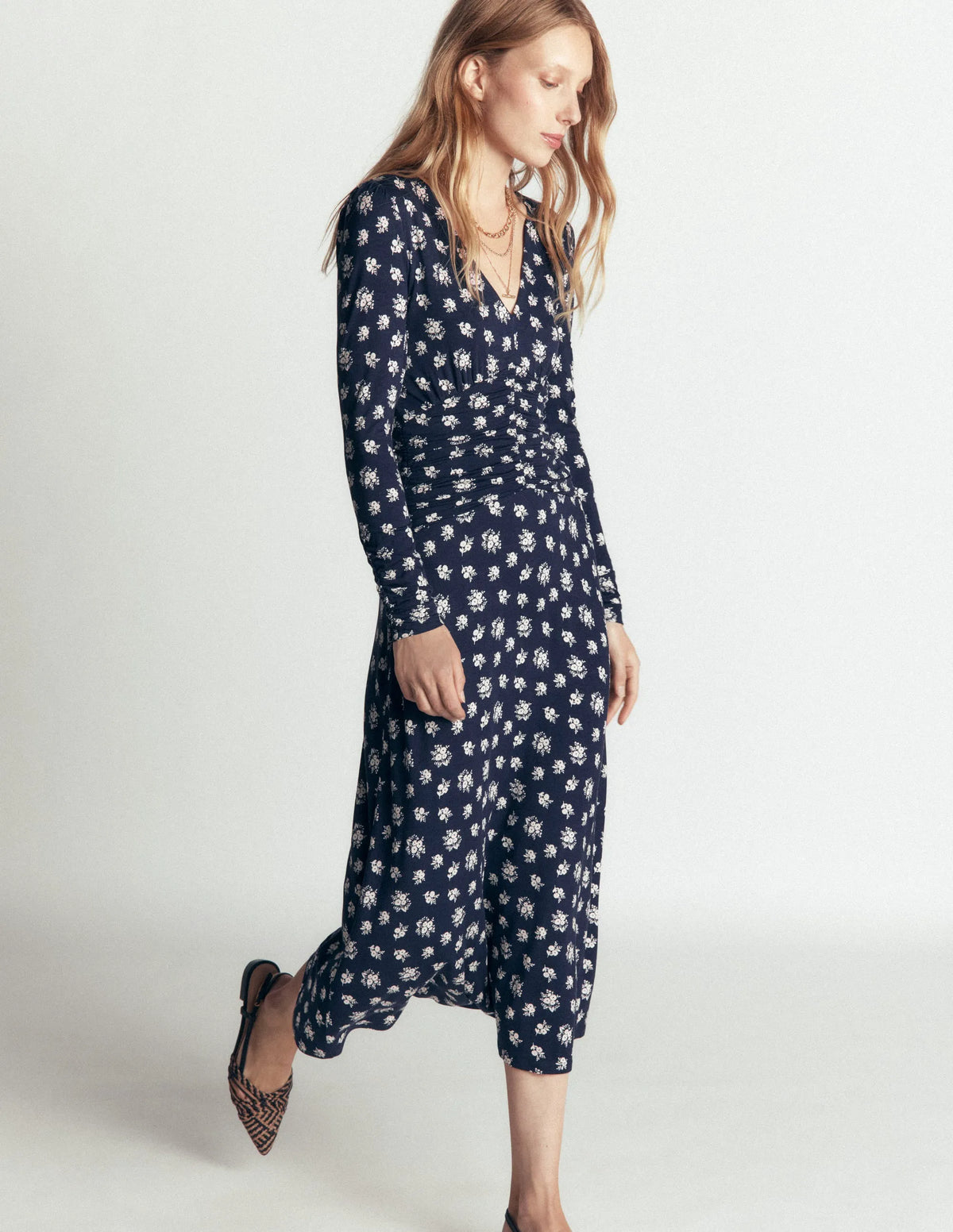 Mya Ruched Jersey Midi Dress-French Navy, Delicate Garden