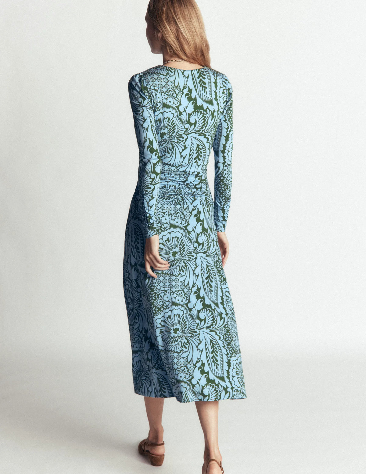 Mya Ruched Jersey Midi Dress-Forest Green, Botanical Medley