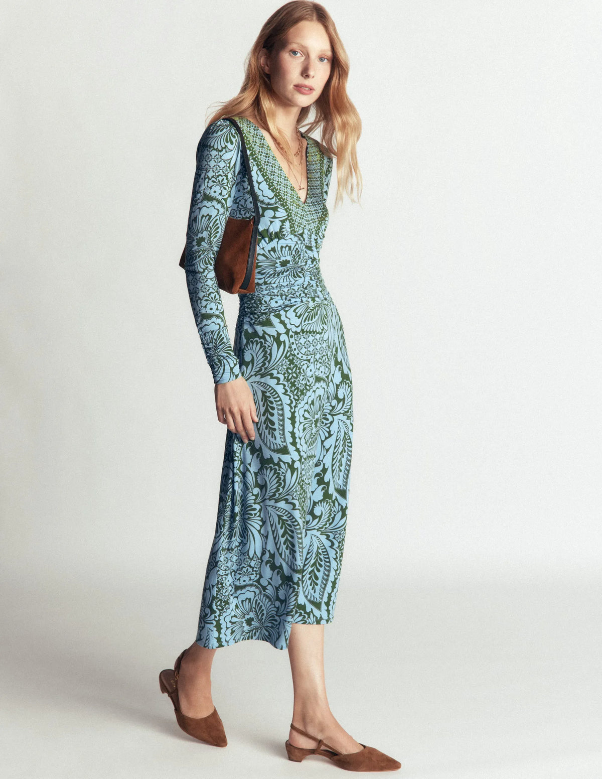 Mya Ruched Jersey Midi Dress-Forest Green, Botanical Medley