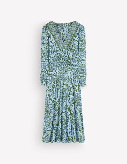 Mya Ruched Jersey Midi Dress-Forest Green, Botanical Medley