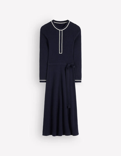 Paula Ribbed Crew Dress-Navy, Warm Ivory