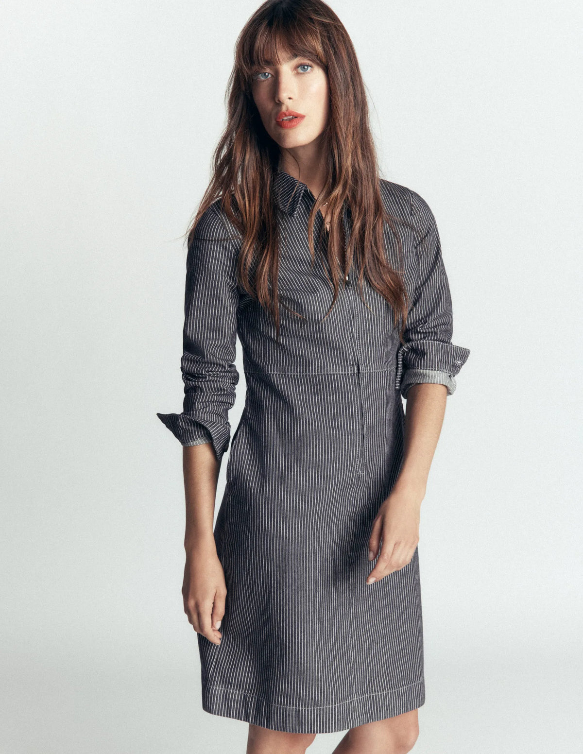Bronte Denim Short Dress-Fine Denim Ticking Stripe