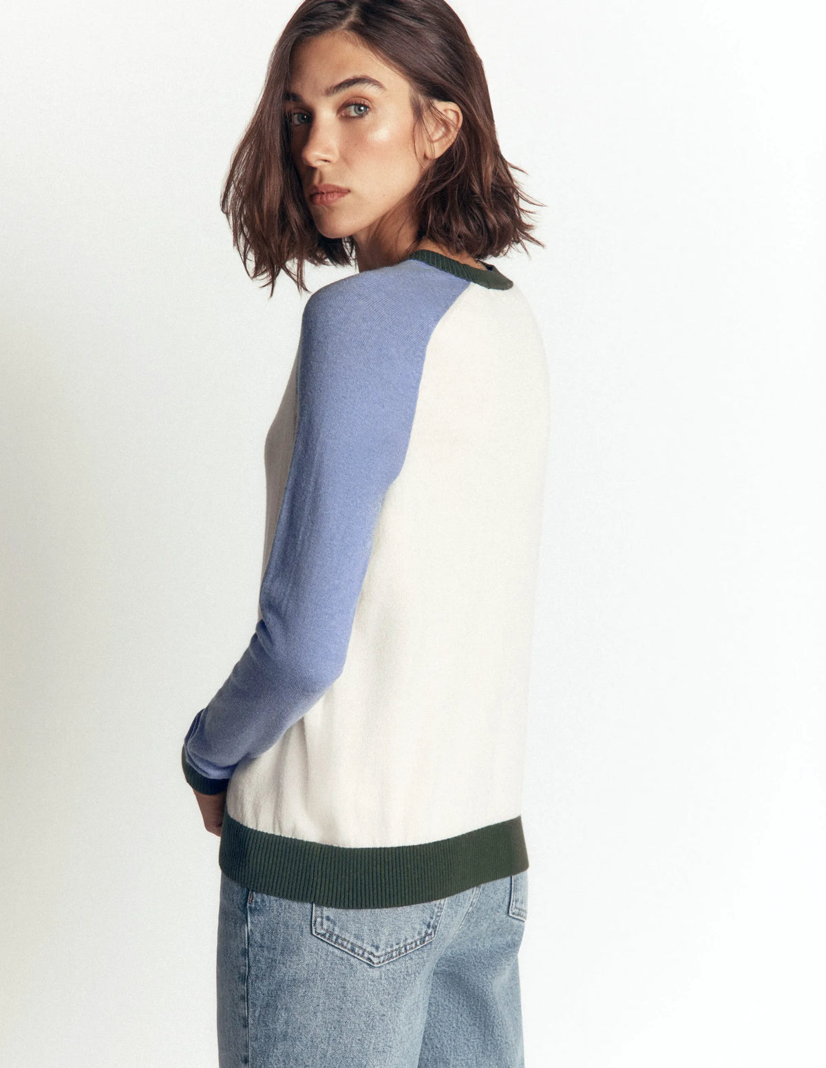Meg Raglan Sleeve Sweater-Ivory, Blue and Green