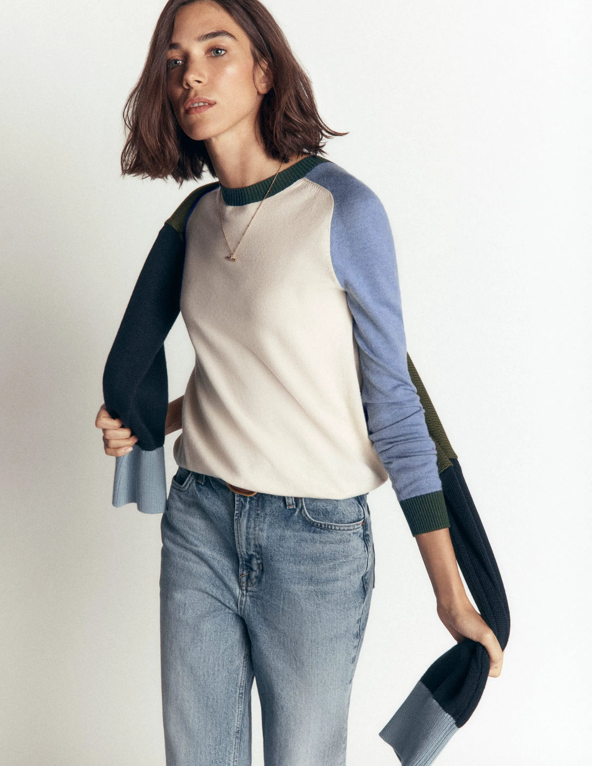 Meg Raglan Sleeve Sweater-Ivory, Blue and Green