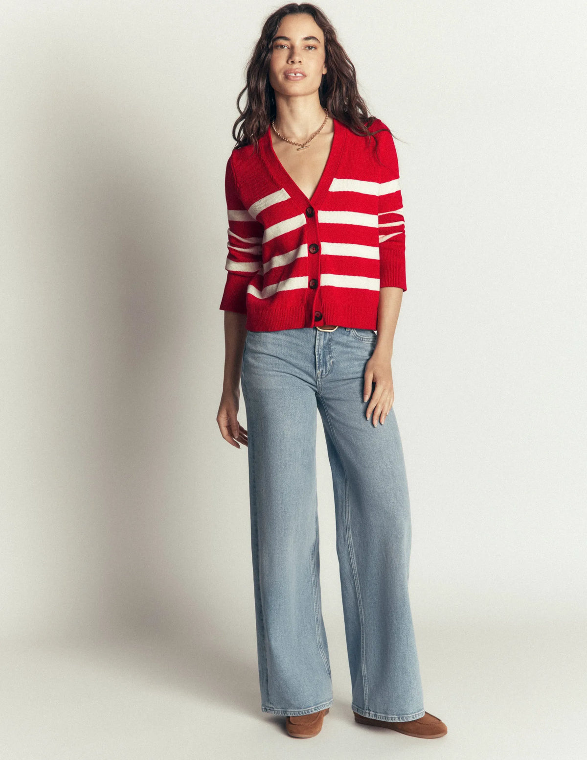 Lucy Relaxed Cotton Cardigan-Deep Red, Ivory Stripe