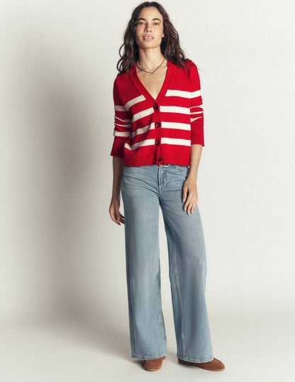 Lucy Relaxed Cotton Cardigan-Deep Red, Ivory Stripe