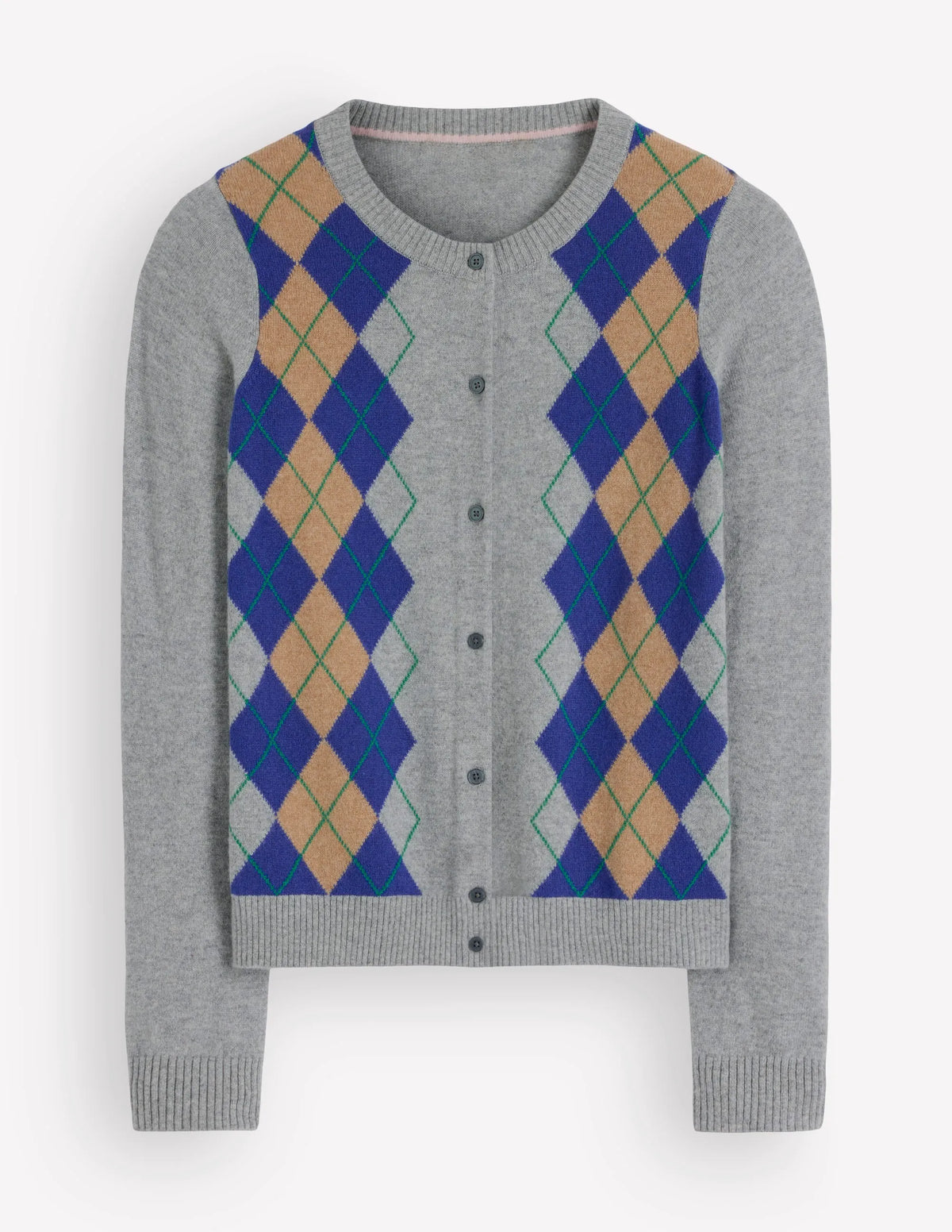 Elsie Cashmere Crew Cardigan-Grey Argyle