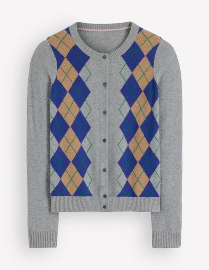 Elsie Cashmere Crew Cardigan-Grey Argyle