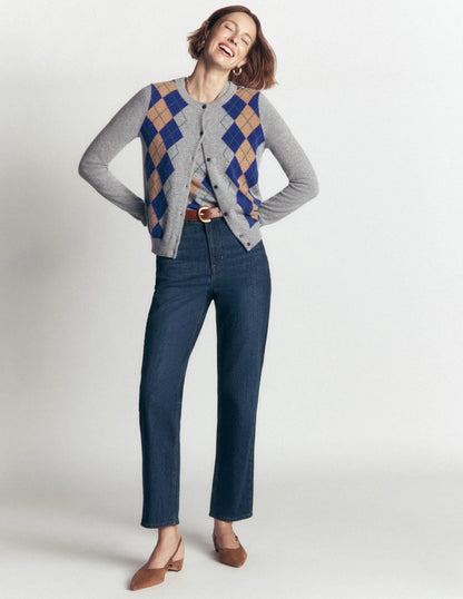 Elsie Cashmere Crew Cardigan-Grey Argyle