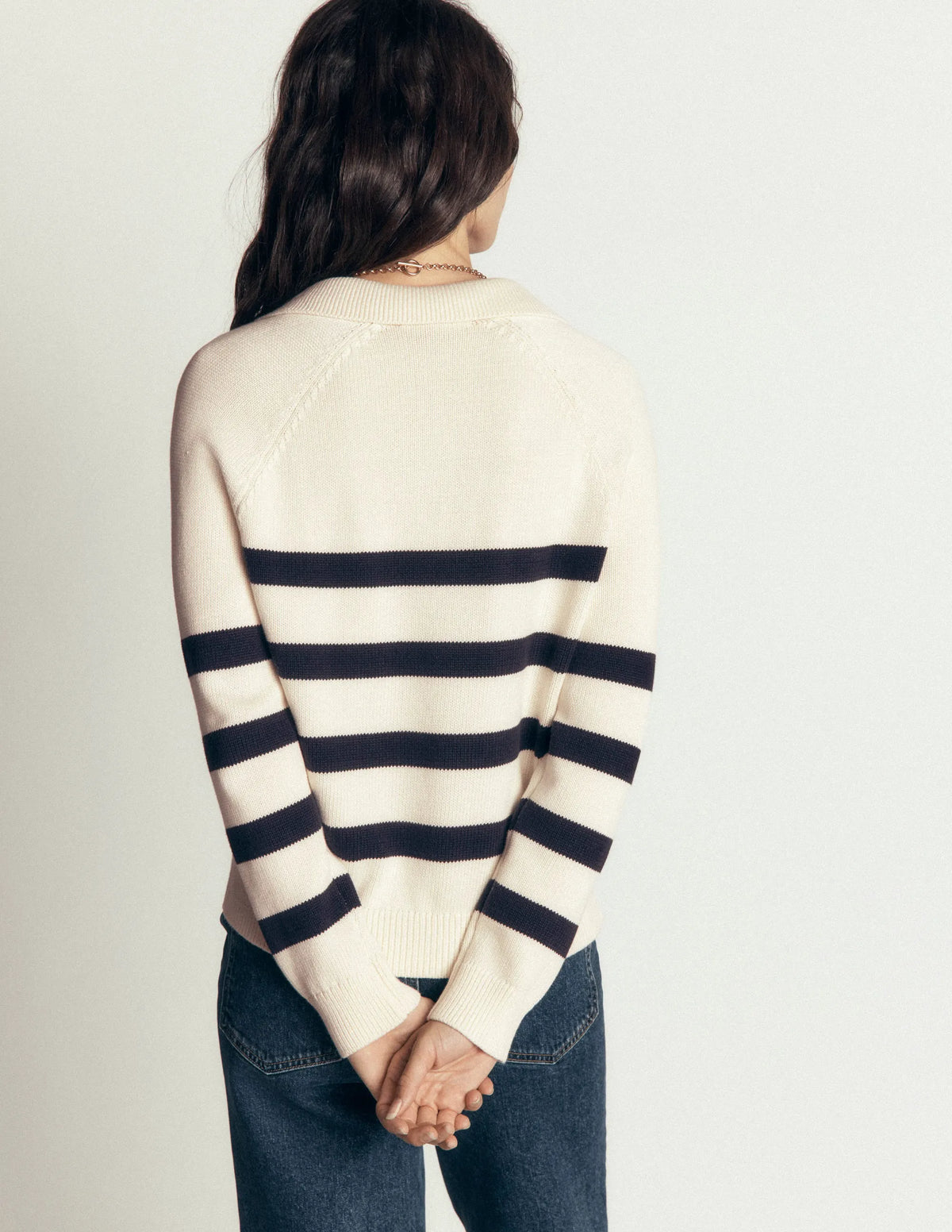Lucy Cotton Henley Sweater-Ivory, Navy Stripe