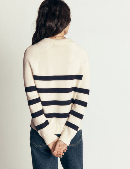 Lucy Cotton Henley Sweater-Ivory, Navy Stripe