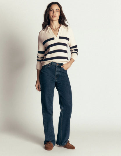 Lucy Cotton Henley Sweater-Ivory, Navy Stripe
