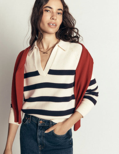 Lucy Cotton Henley Sweater-Ivory, Navy Stripe