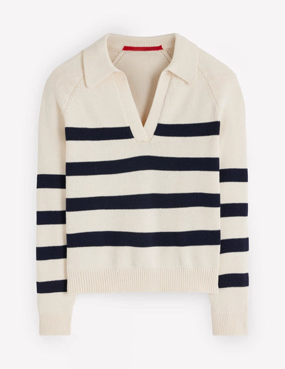 Lucy Cotton Henley Sweater-Ivory, Navy Stripe