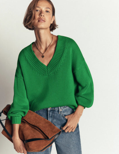 Lucy Cotton V-neck Sweater-Highland Green