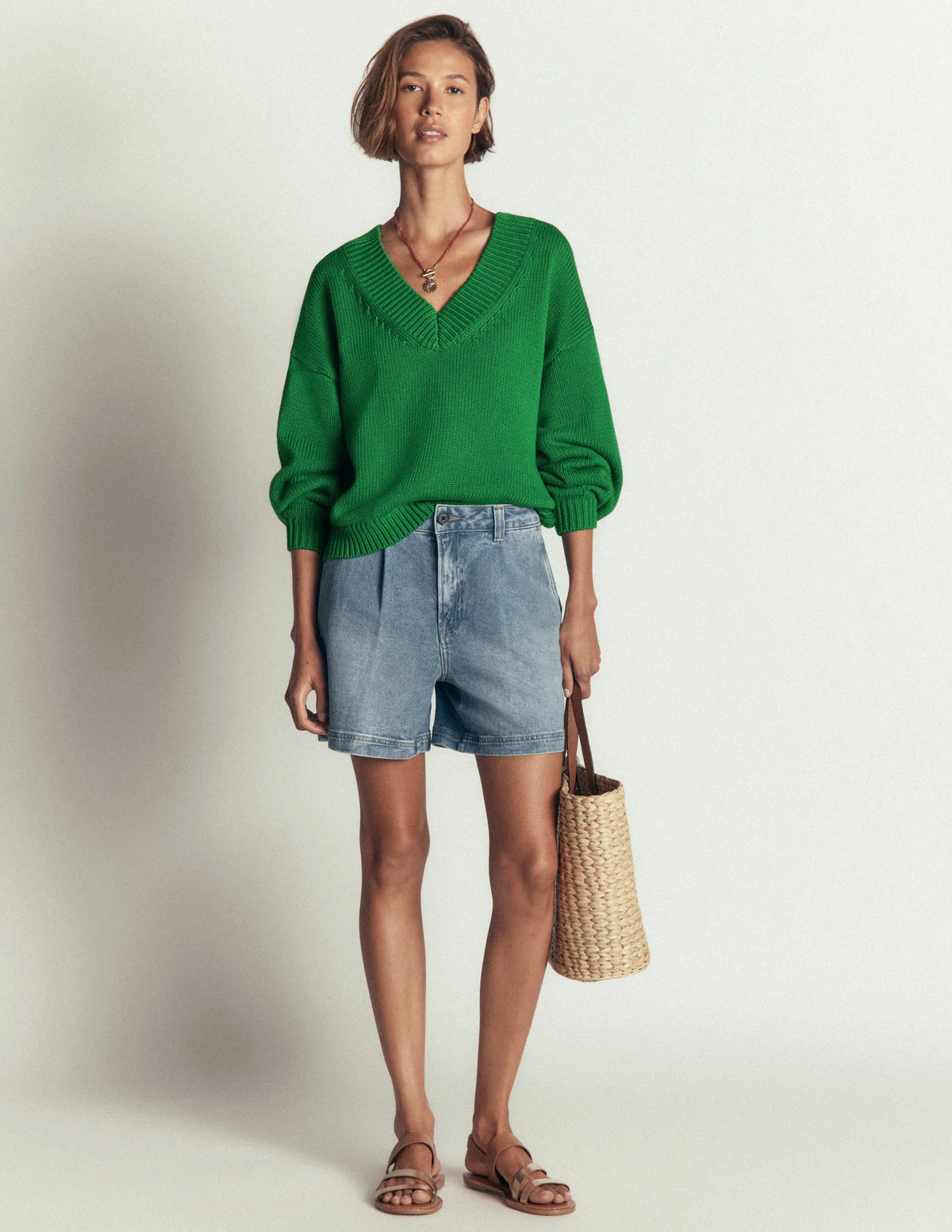 Lucy Cotton V-neck Sweater-Highland Green