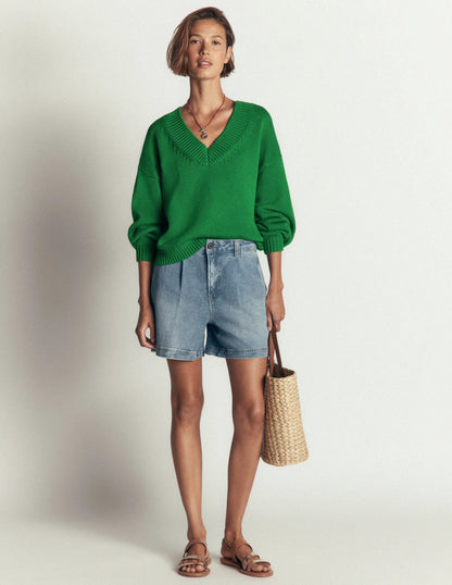 Lucy Cotton V-neck Sweater-Highland Green