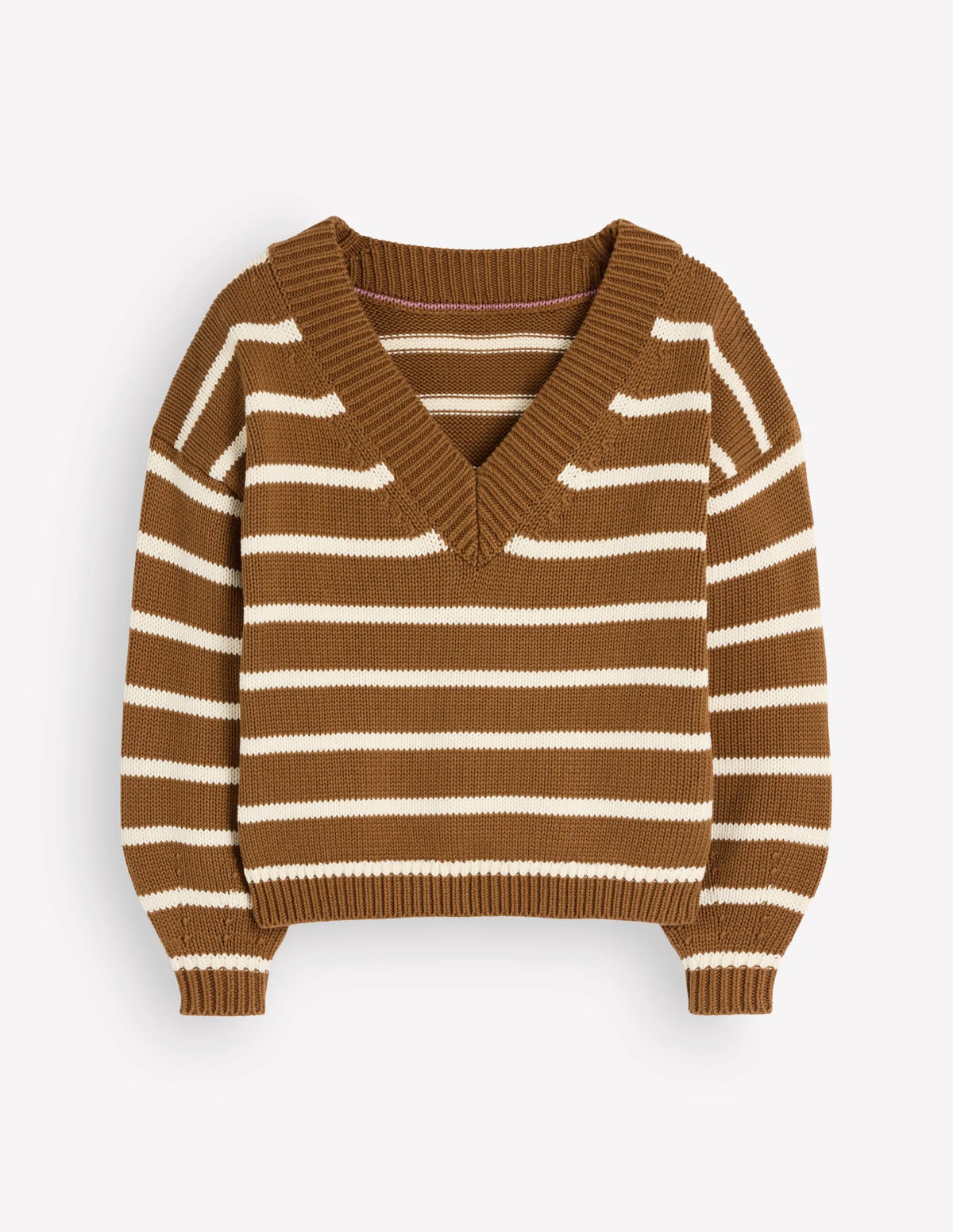 Lucy Cotton V-neck Sweater-Gingerbread, Ivory