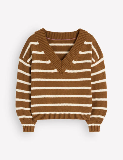 Lucy Cotton V-neck Sweater-Gingerbread, Ivory