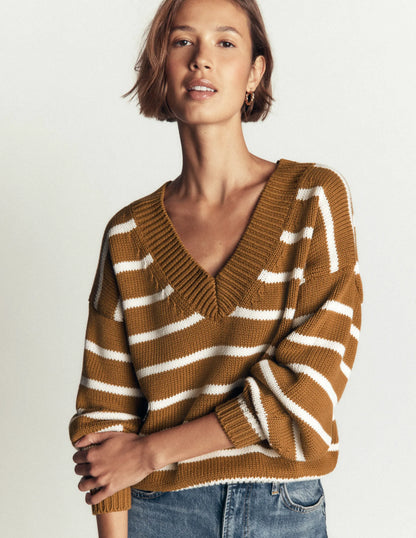 Lucy Cotton V-neck Sweater-Gingerbread, Ivory