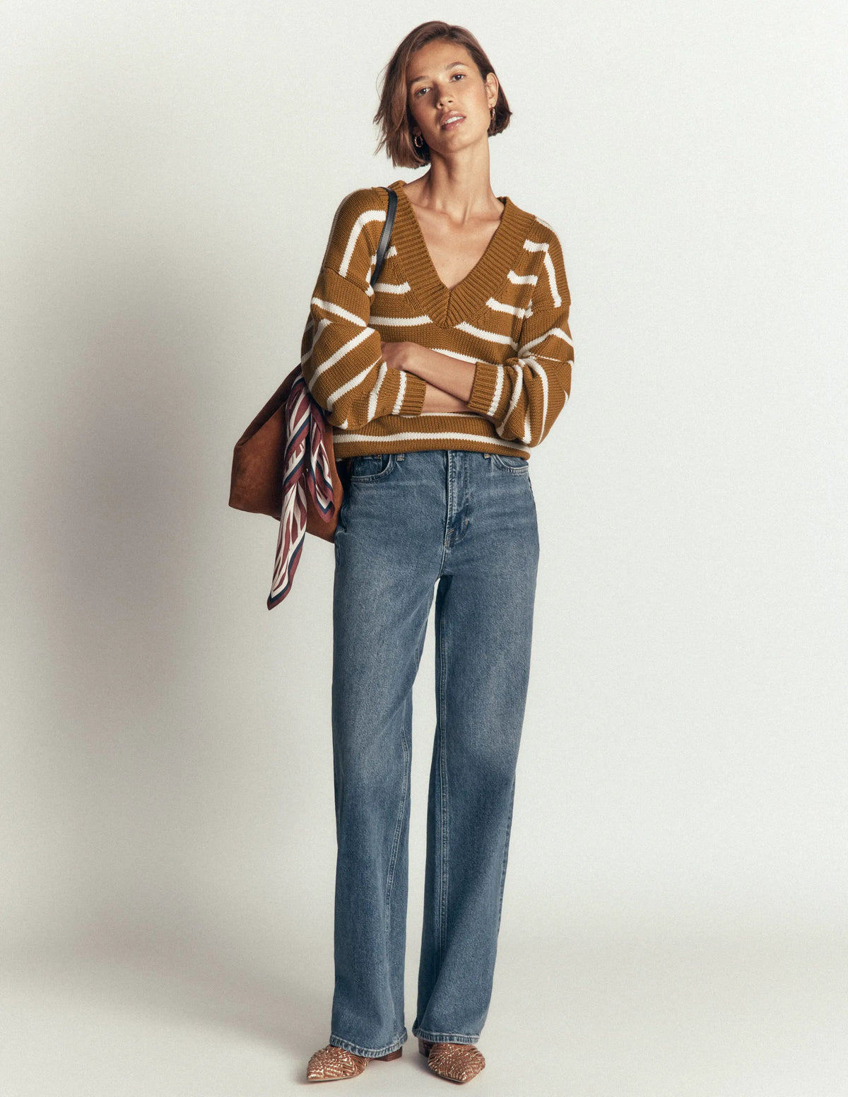 Lucy Cotton V-neck Sweater-Gingerbread, Ivory