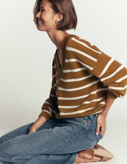 Lucy Cotton V-neck Sweater-Gingerbread, Ivory