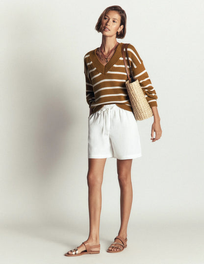 Lucy Cotton V-neck Sweater-Gingerbread, Ivory