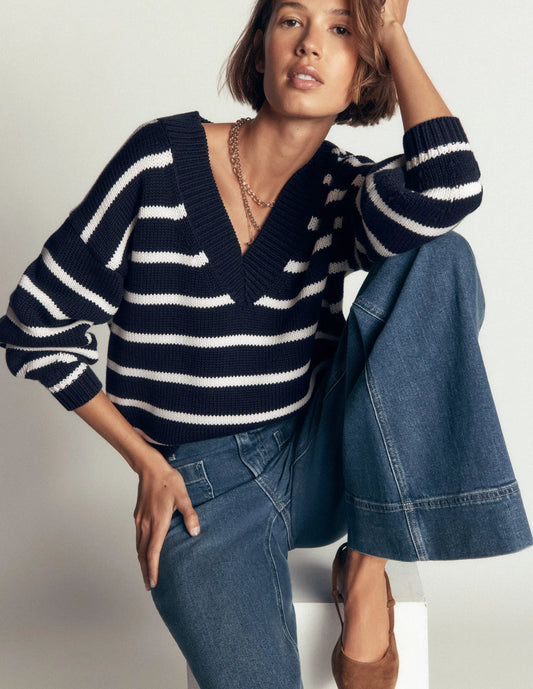 Lucy Cotton V-neck Sweater-Navy, Ivory