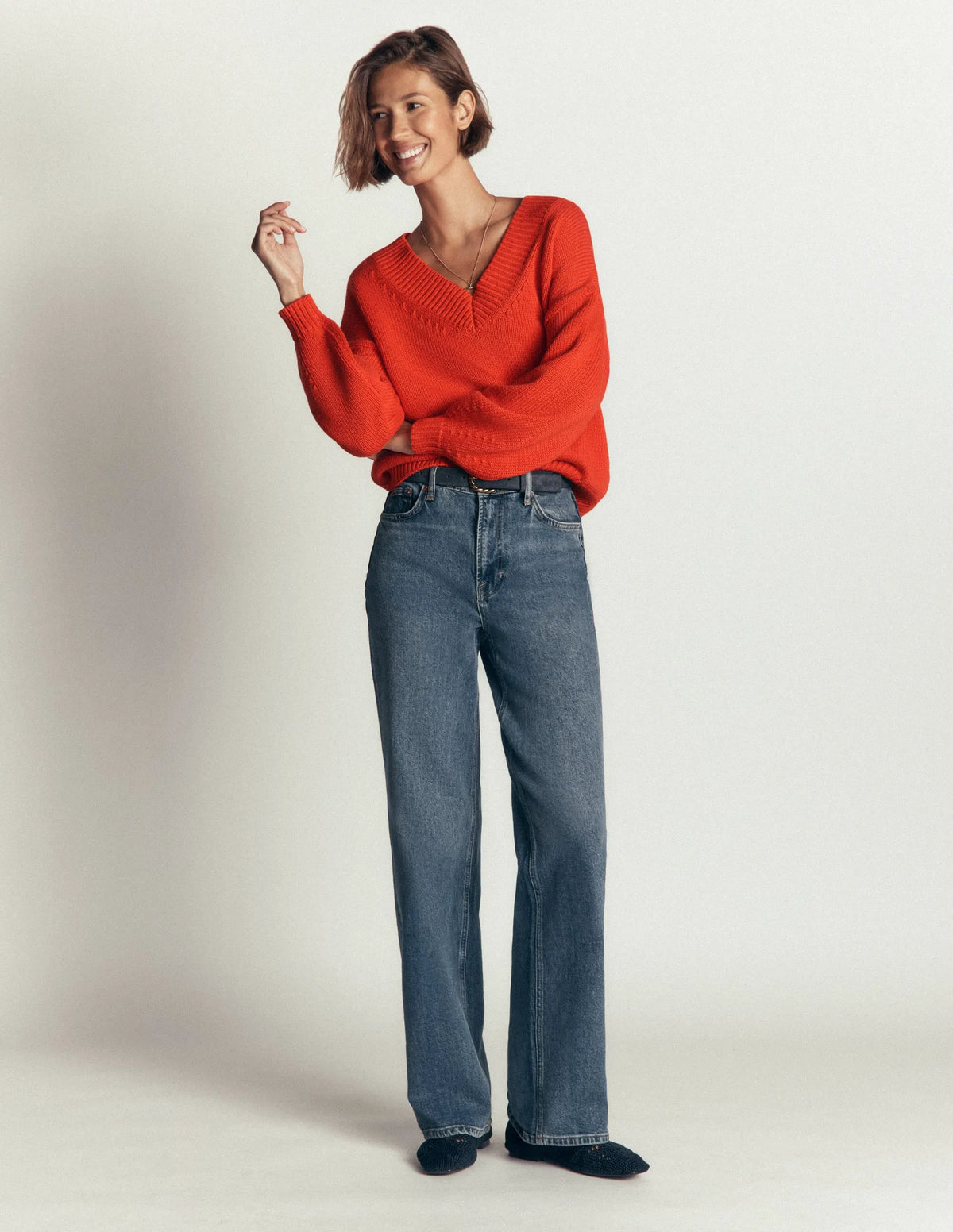 Lucy Cotton V-neck Sweater-Sunset Orange