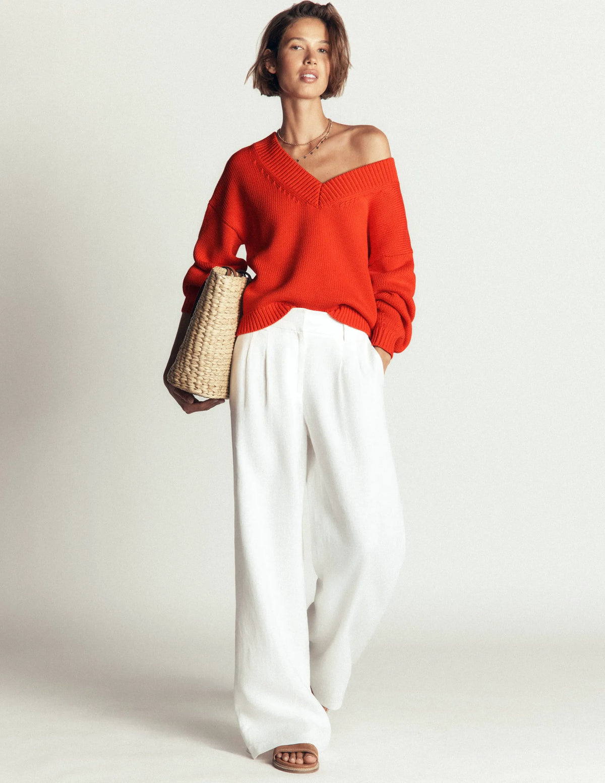 Lucy Cotton V-neck Sweater-Sunset Orange