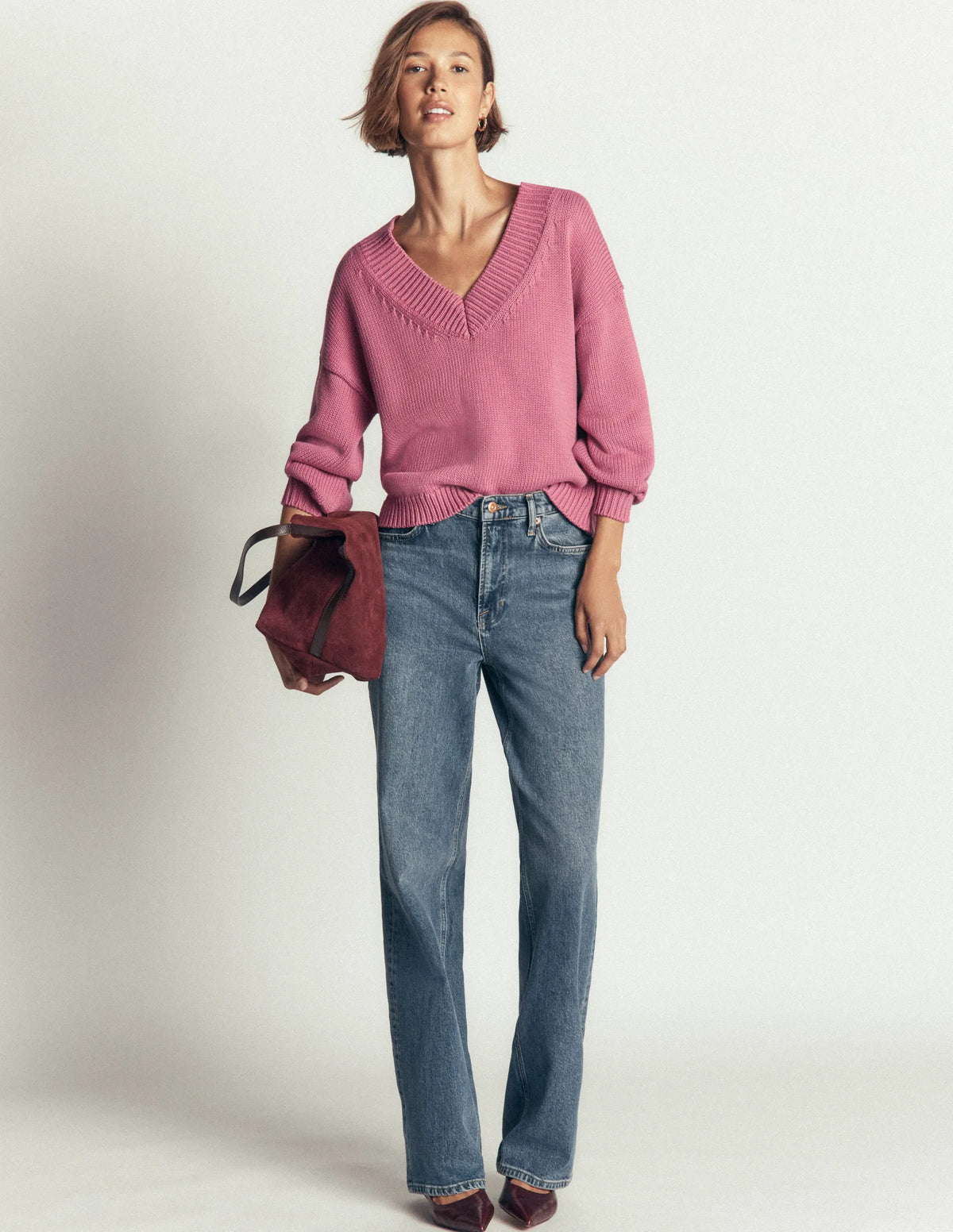 Lucy Cotton V-neck Sweater-Pink Heather
