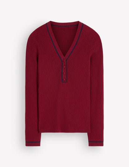 Paula Ribbed V Neck Jumper-Merlot