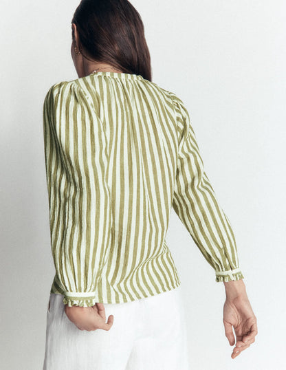 Camille Double Cloth Top-Olive, Ivory Fine Stripe