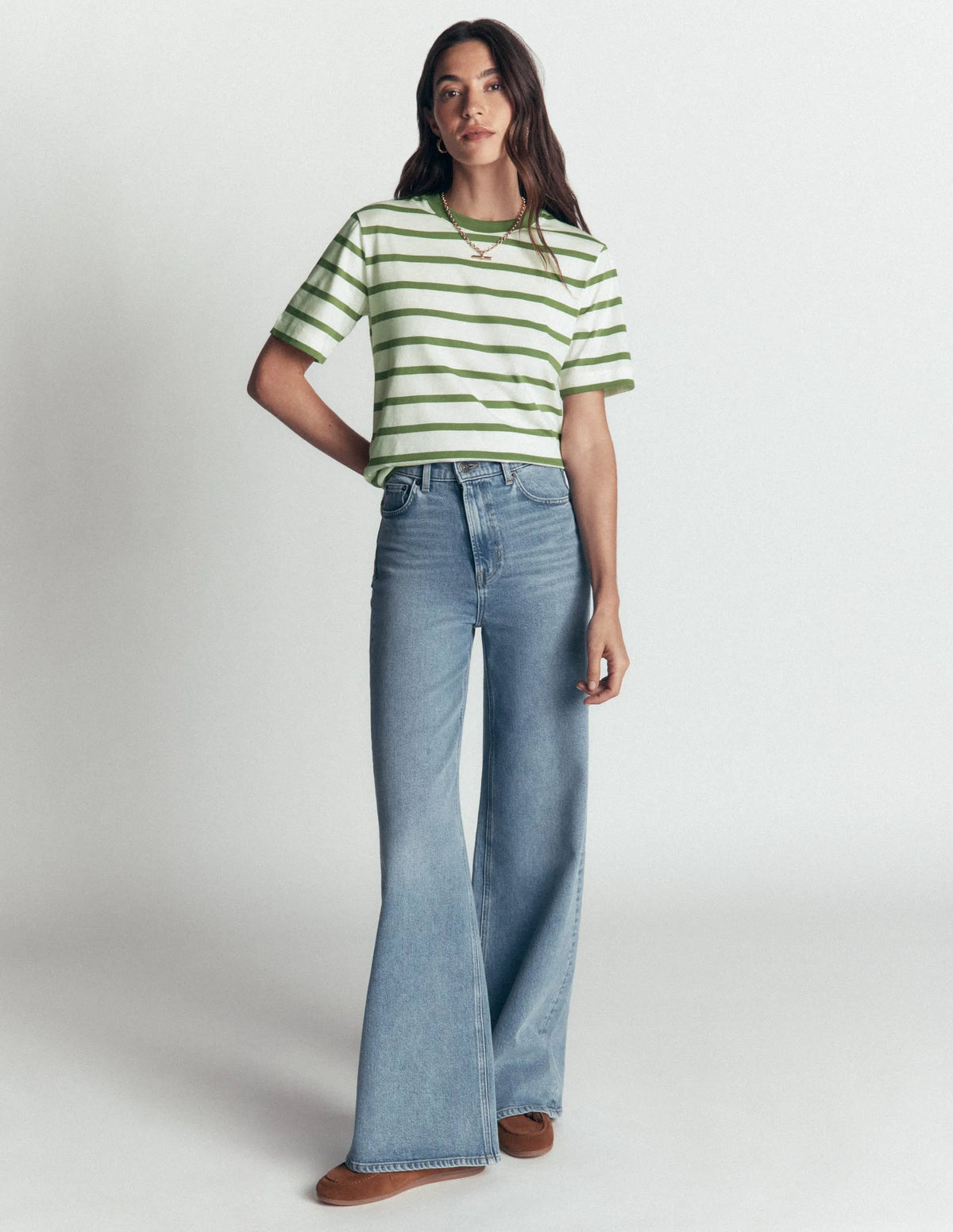 Relaxed Cotton T-shirt-Safari Green and Ivory Stripe