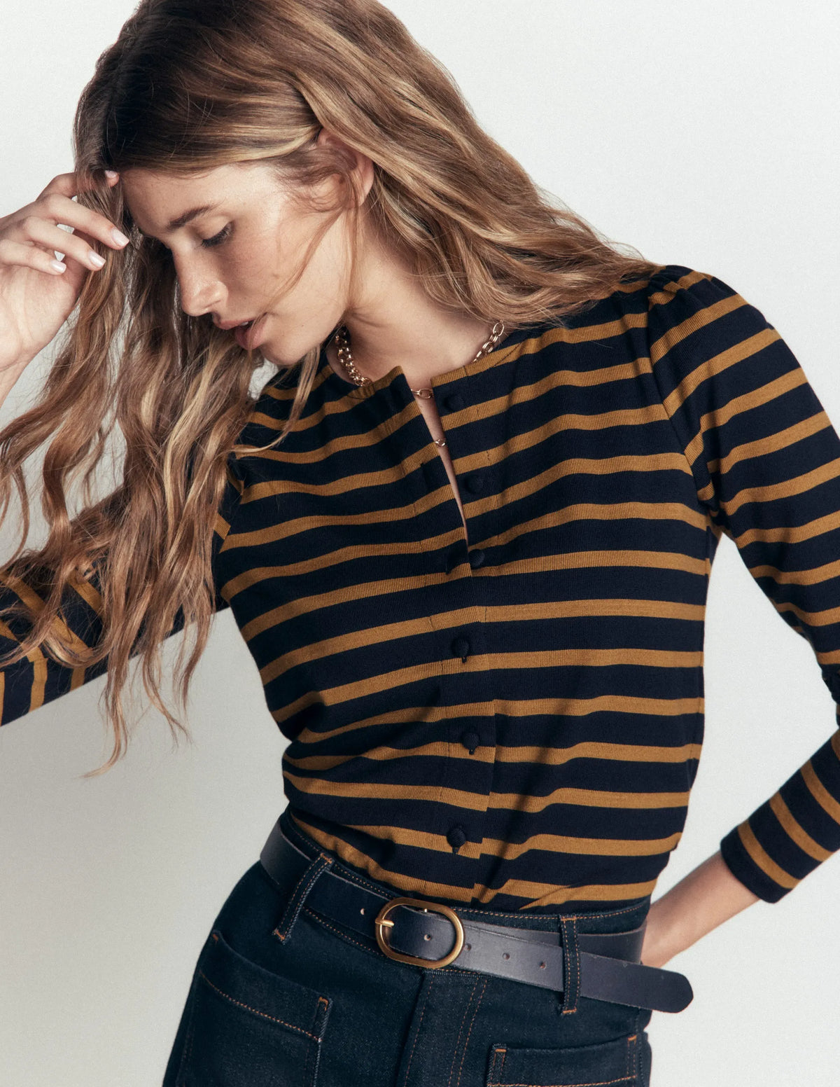 Iris Puff Sleeve Mariner-Navy, Dijon Stripe